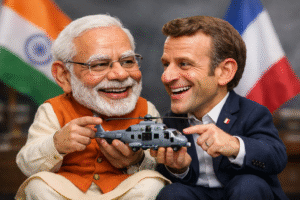 Narendra Modi and Emmanuel Macron at Airbus H125 assembly line inauguration in India highlighting Make in India and defense cooperation.